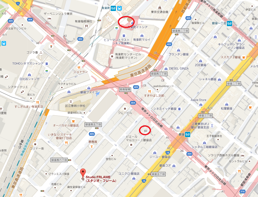 有楽町駅銀座駅からスタジオ・フレーム地図1